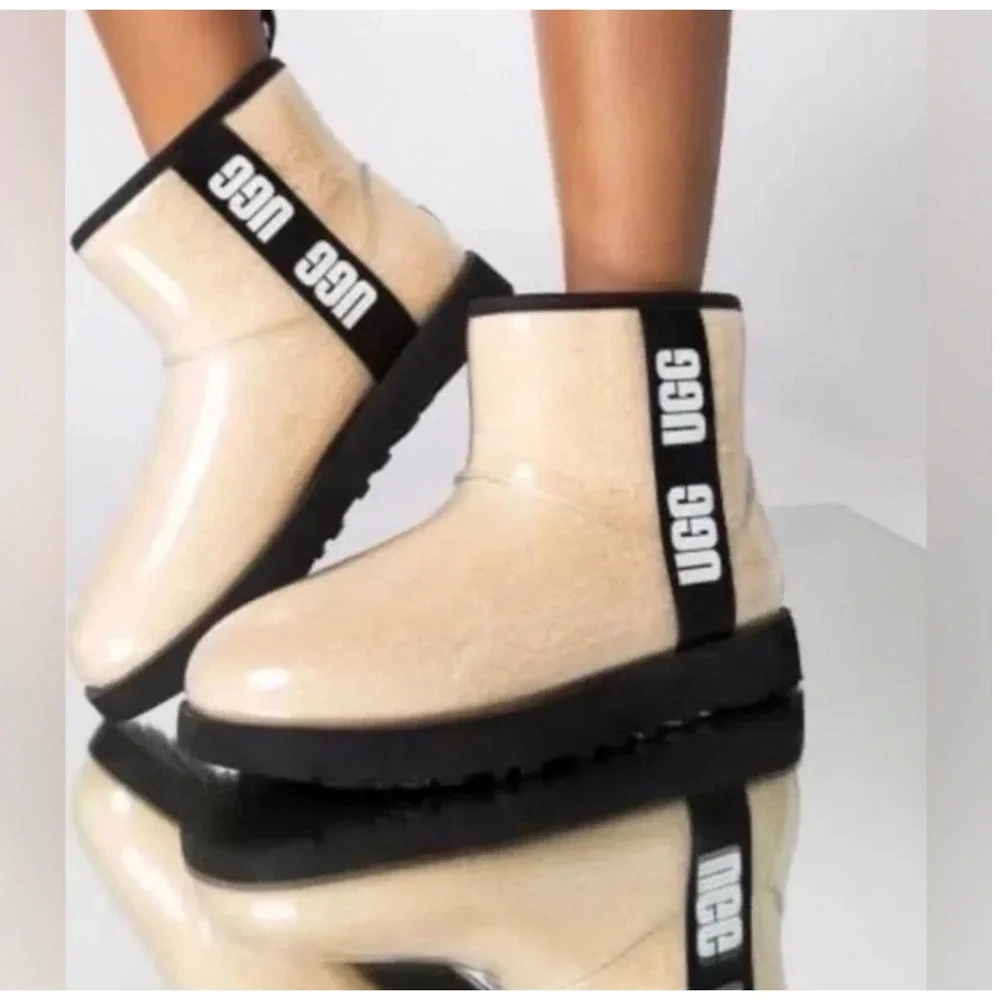 UGG Classic Clear Waterproof Boots Natural Black‎ 1113190 Sheepskin Pull On 10